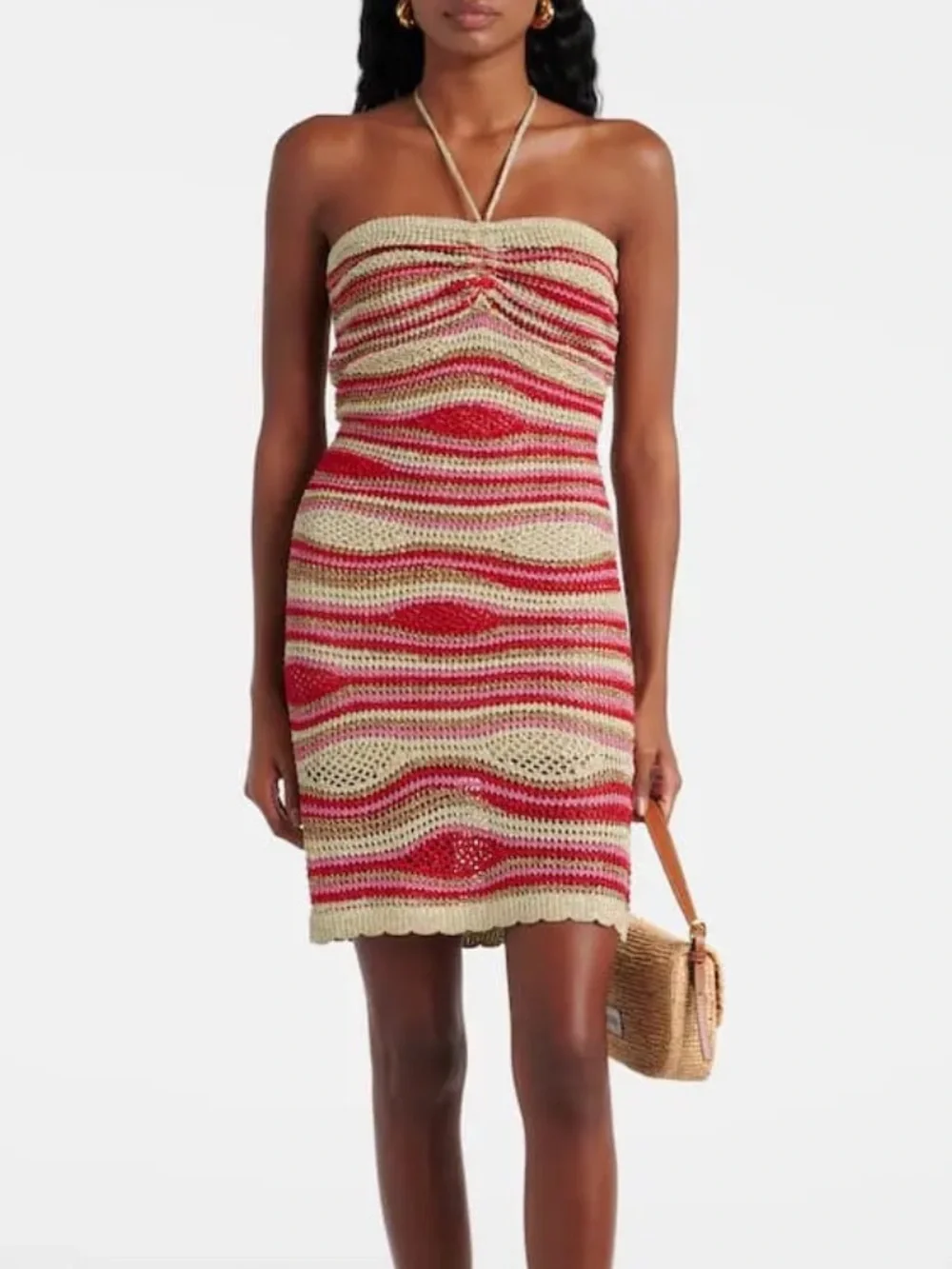 Striped Crochet Halter Tube Top in Beige, Pink & Red - Picture 1 of 8
